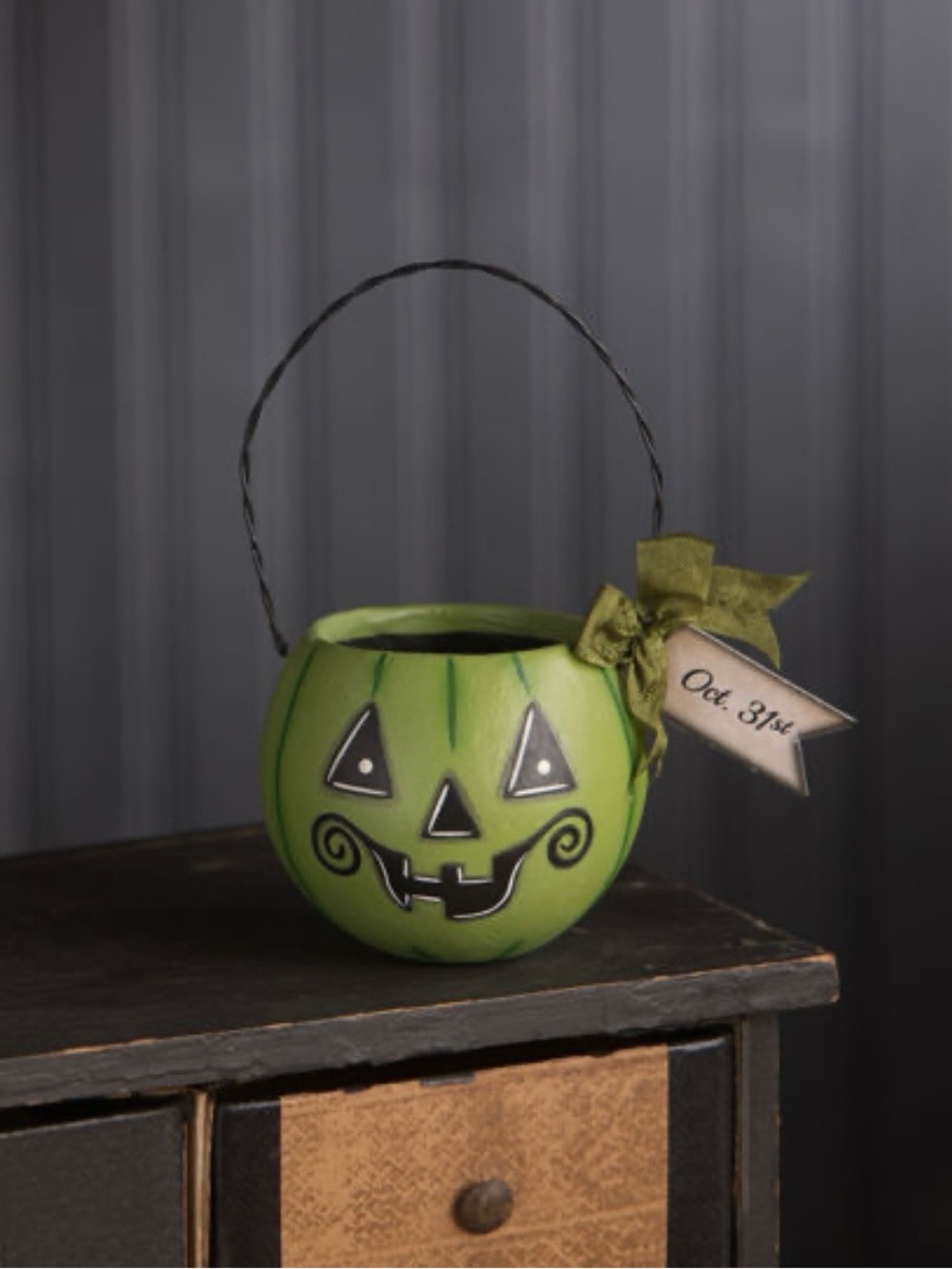 Bethany Lowe Small Green Pumpkin Jack O Lantern Bucket Halloween LeeAnn Kress